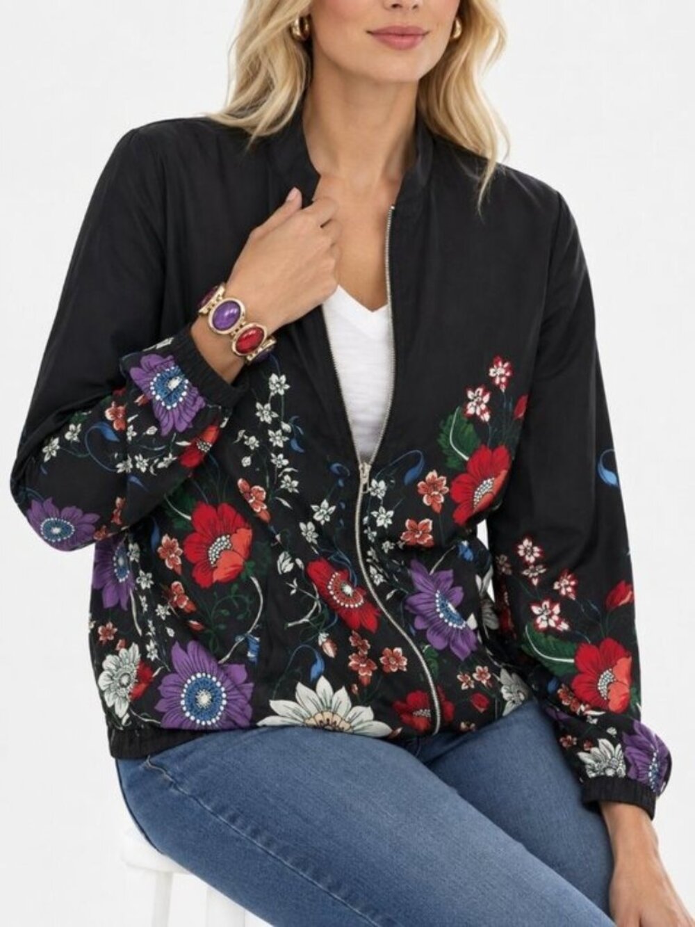 Chico's Floral Print Polka Dot Reversible Bomber Jacket 4 #A4632